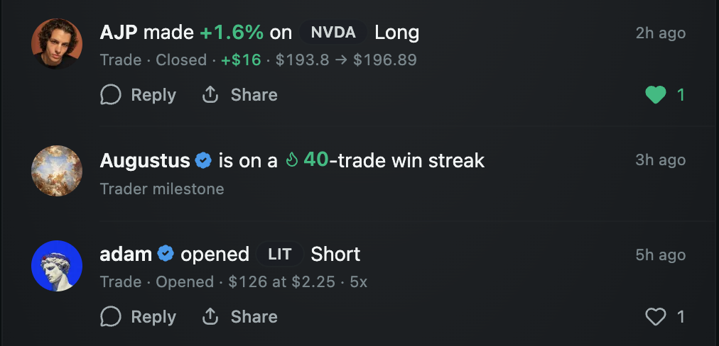 Live activity feed of onchain trades and allocations