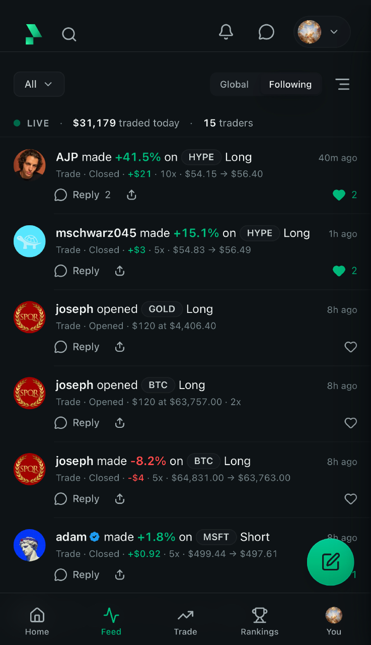 The Rayze feed on a phone filtered to Following, showing opened and closed trades from the traders the viewer follows, including a losing BTC long