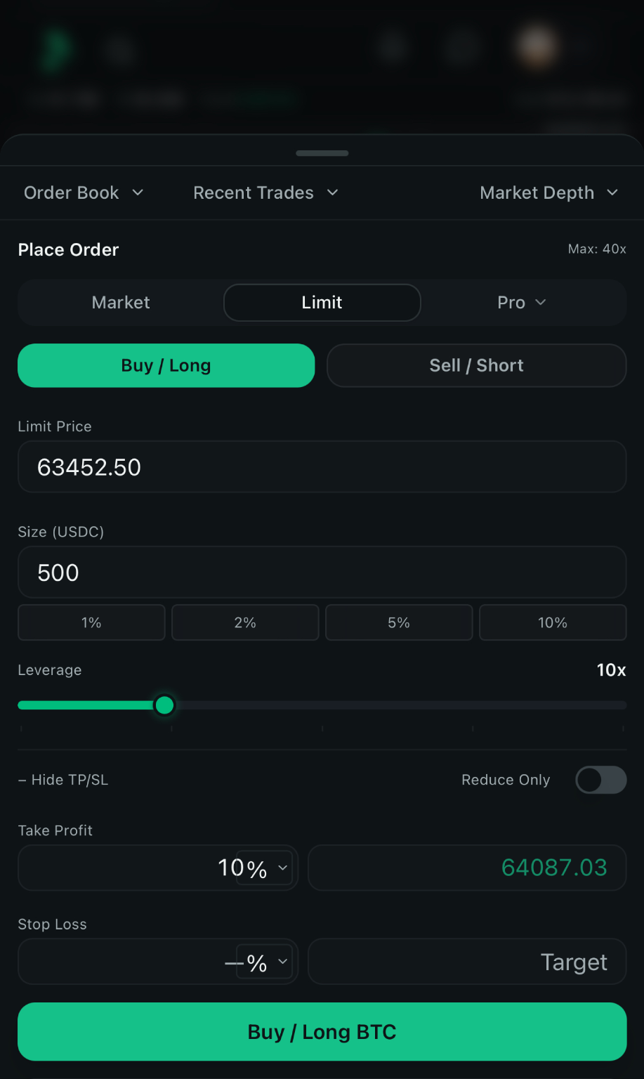 The same order ticket on a phone: a limit buy-long on BTC at 10x leverage, with a limit price in USDC, size presets, a leverage slider, a take-profit target and a reduce-only toggle above the buy-long button