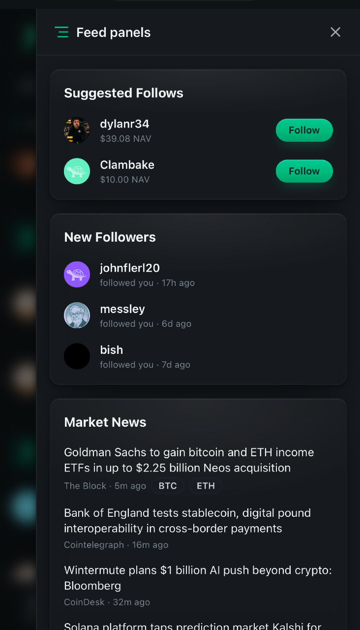 The Rayze feed panels drawer on a phone showing suggested follows with fund NAV, recent new followers and a market news list
