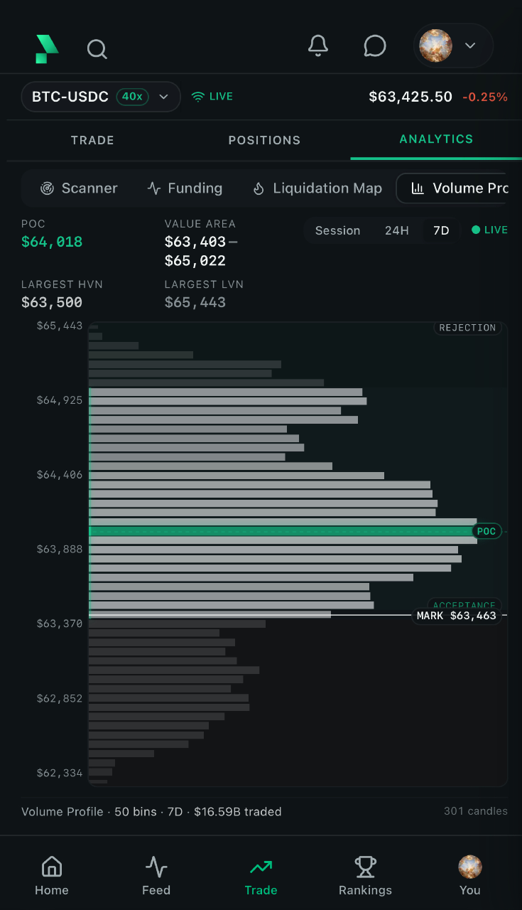The Rayze mobile volume profile for BTC-USDC showing point of control, value area, largest high and low volume nodes, and a horizontal volume histogram by price